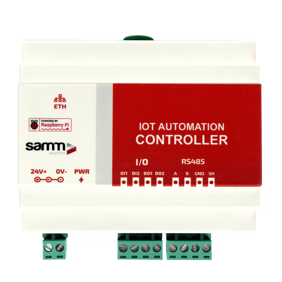 DIN ray montajlı IoT otomasyon kontrolcüsü — RS485 ve Ethernet klemensleri